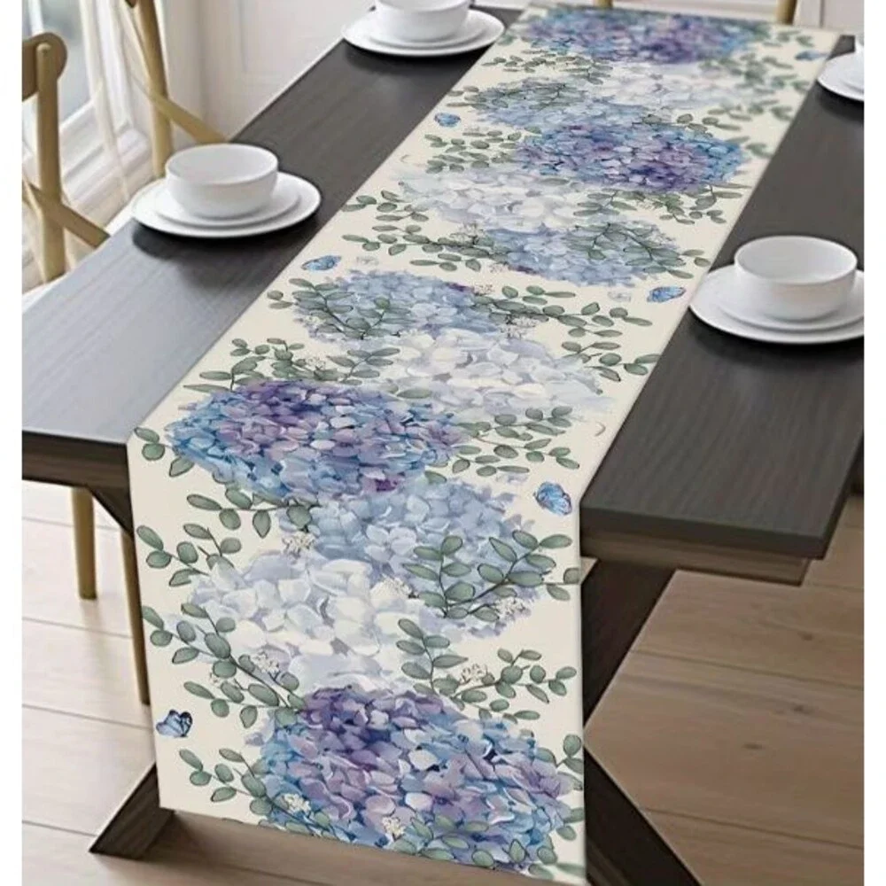 Table Runner 13x72in Woven Polyester Blue Hydrangea Eucalyptus stems Floral